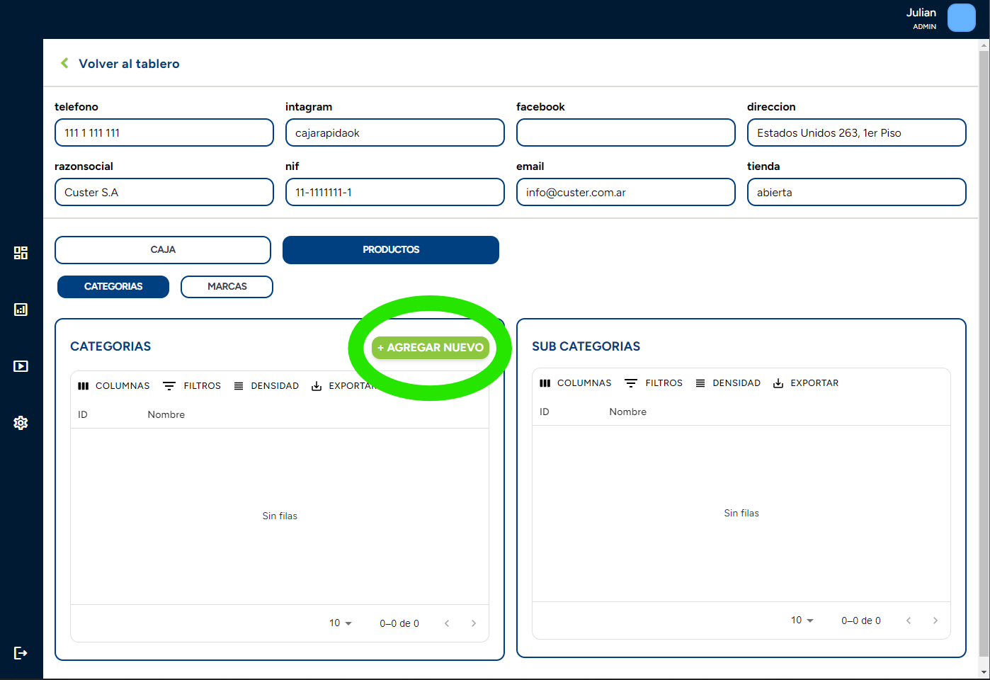 Ubicación del botón de configuración en CajaRápida