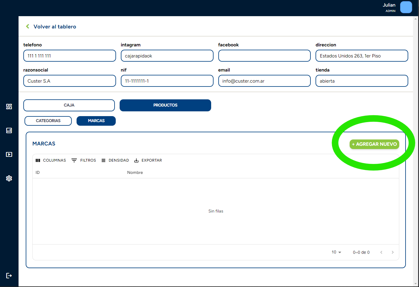 Ubicación del botón de configuración en CajaRápida