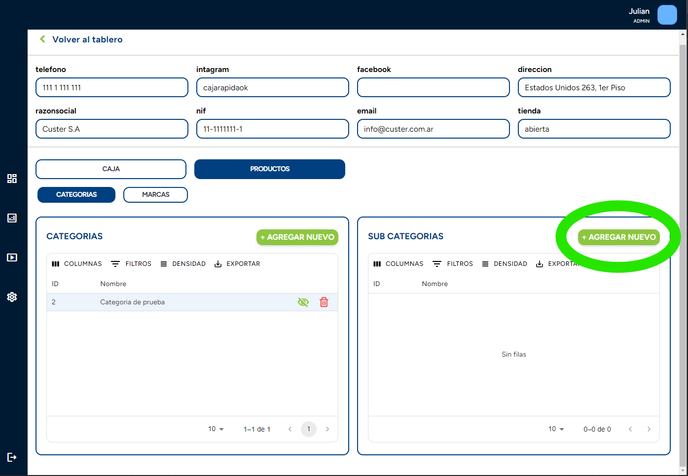 Cargar subcategorías
