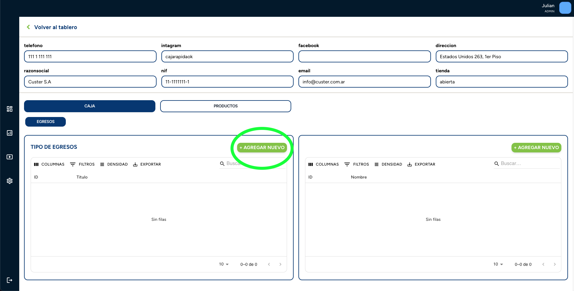 Ubicación del botón de configuración en CajaRápida