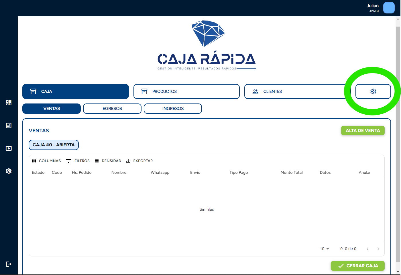 Ubicación del botón de configuración en CajaRápida